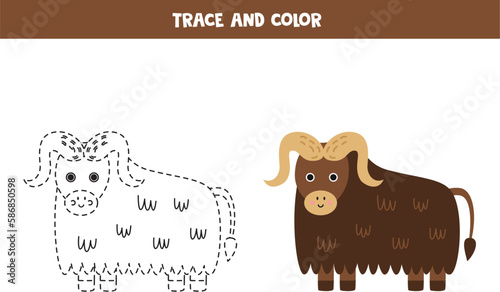 Trace and color cartoon cute cartoon muskox. Worksheet for children.
