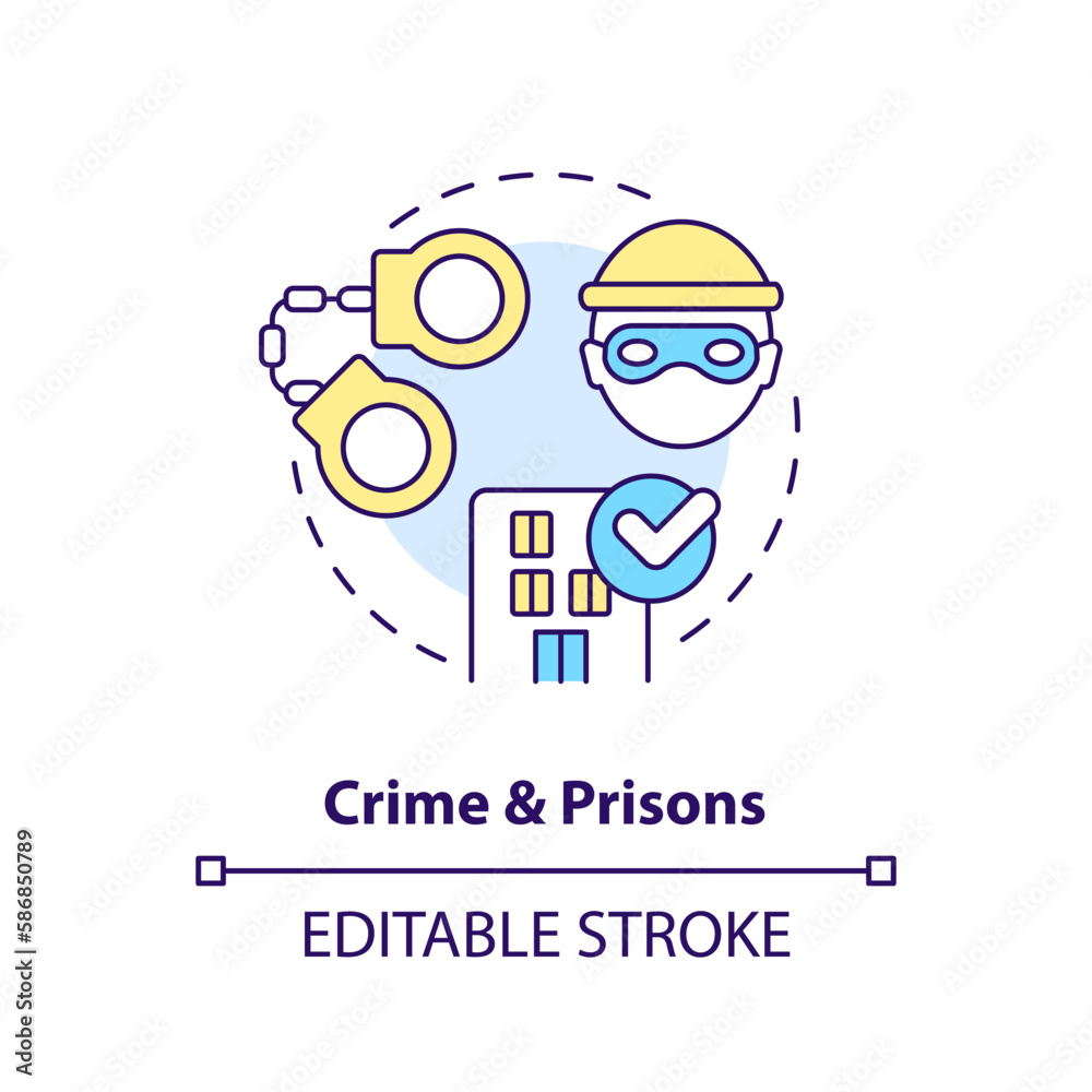 Crime and prisons concept icon. Imprisonment of criminal. Law and legal issue abstract idea thin line illustration. Isolated outline drawing. Editable stroke. Arial, Myriad Pro-Bold fonts used