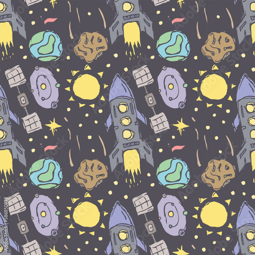 Seamless space pattern. Cosmos background. Doodle vector space illustration