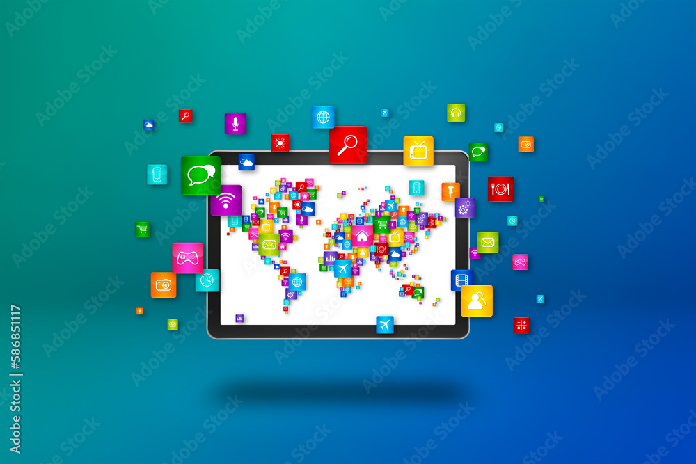 World Map made of icons on a tablet PC screen