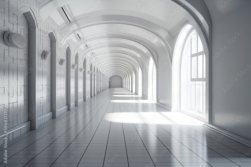 Beautifully Designed Hallway with Arched Windows and Tiled Floor. Generative AI