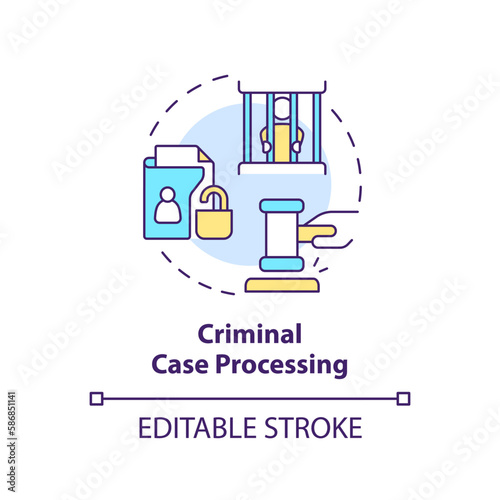 Criminal case processing concept icon. Judgement. Accused of crime. Justice system abstract idea thin line illustration. Isolated outline drawing. Editable stroke. Arial, Myriad Pro-Bold fonts used