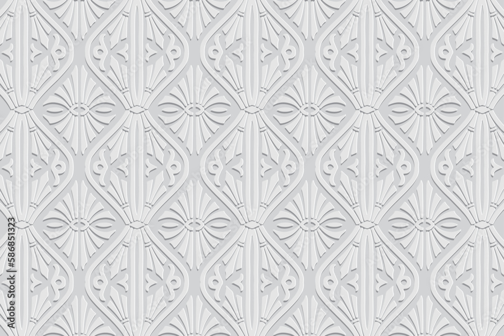 Embossed exotic white background, cover design. Geometric ethnic 3D pattern, press paper, leather. Fantasies of the East, Asia, India, Mexico, Aztecs, Peru. Dudling, boho, art deco, handmade style.
