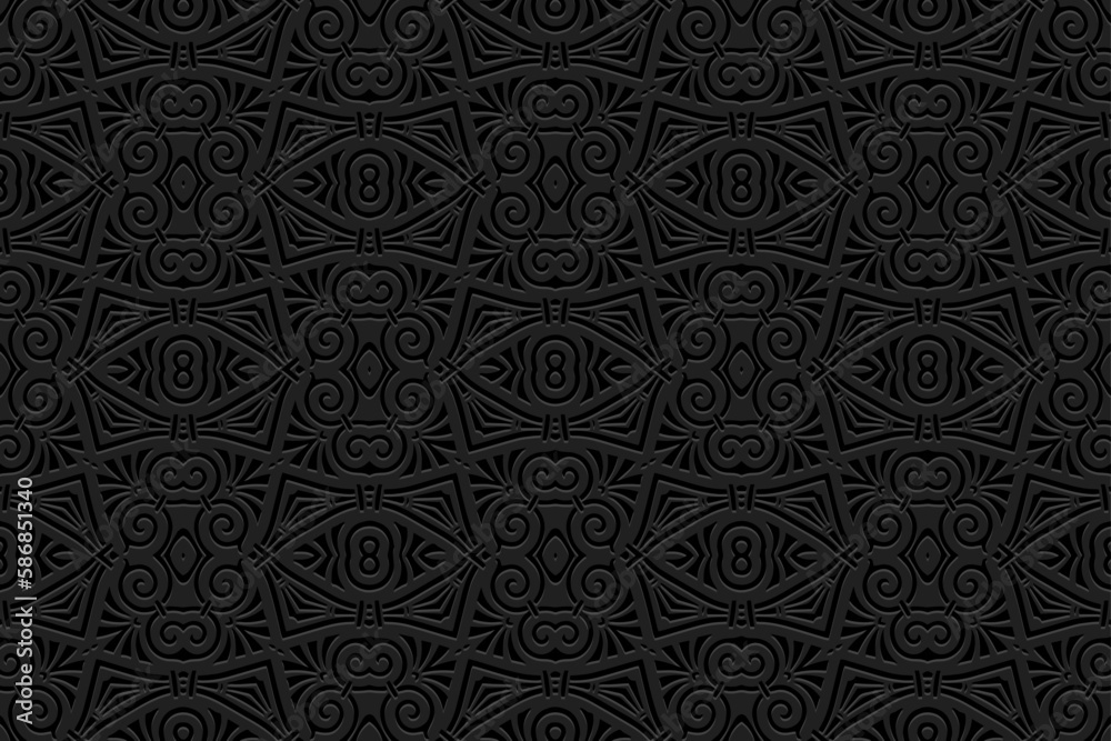 Embossed abstract black background, cover design. Geometric ethnic 3D pattern, press paper, leather. Fantasies of the East, Asia, India, Mexico, Aztecs, Peru. Dudling, boho, art deco, handmade style.