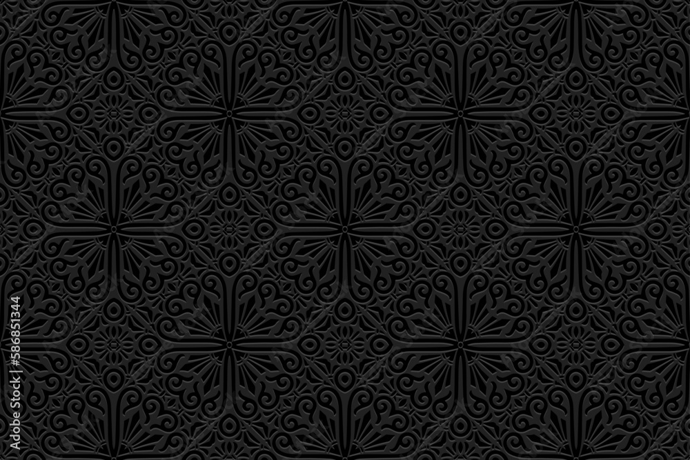 Embossed elegant black background, cover design. Geometric ethnic 3D pattern, press paper