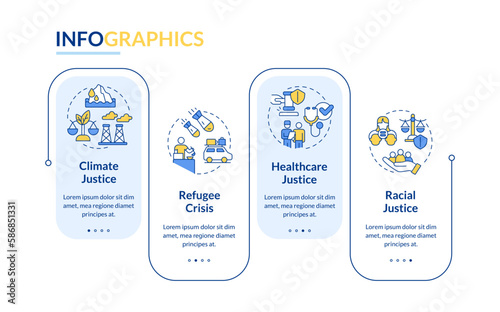 Social justice examples blue rectangle infographic template. Data visualization with 4 steps. Editable timeline info chart. Workflow layout with line icons. Lato-Bold, Regular fonts used