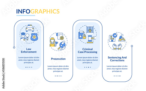 Justice system blue rectangle infographic template. Public safety. Data visualization with 4 steps. Editable timeline info chart. Workflow layout with line icons. Lato-Bold, Regular fonts used