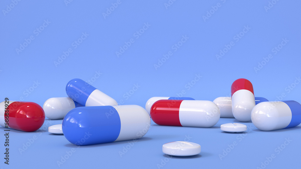 3d rendering of a macro plan of a stack of pills on a blue background. Concept illustration on medical topics, medicines, pills. 3d rendering of a macro plan of a stack of pills on a blue background. Concept illustration on medical topics, medicines, pills.