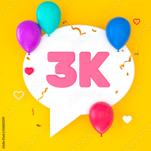 A white speech bubble with 3k is depicted on a yellow background  representing 3 000 subscribers. The illustration includes colorful balloons  small hearts  golden confetti  and streamers. 3D Render.