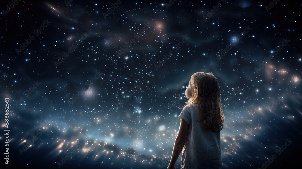 a kid looking up in the starfield sky with hope and dream , imagination future of youth, Generative Ai a kid looking up in the starfield sky with hope and dream , imagination future of youth, Generative Ai