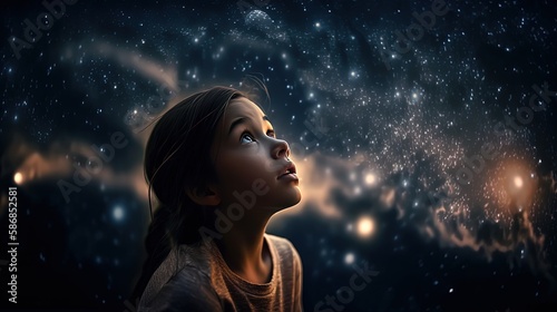 Photo a kid looking up in the starfield sky with hope and dream , imagination future o