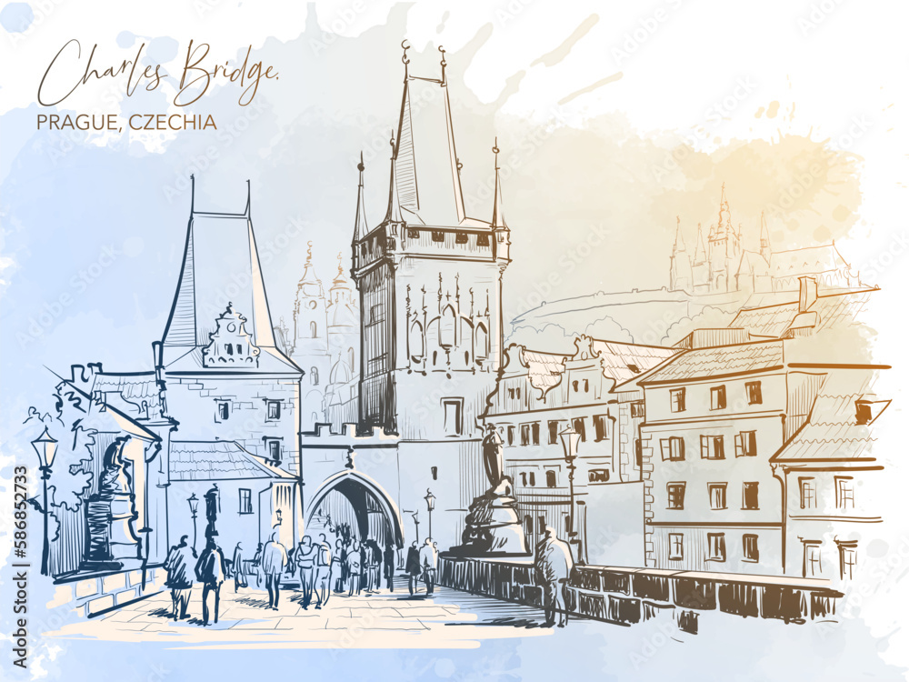 Charles Bridge city view in Prague, Czech Republic. Line drawing isolated on watercolour textured grunge background. EPS 10 vector illustration.