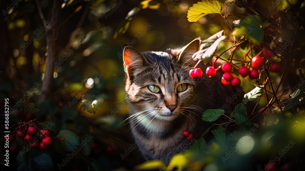  feral cat hind behind berry bush in spring time, Generative Ai
