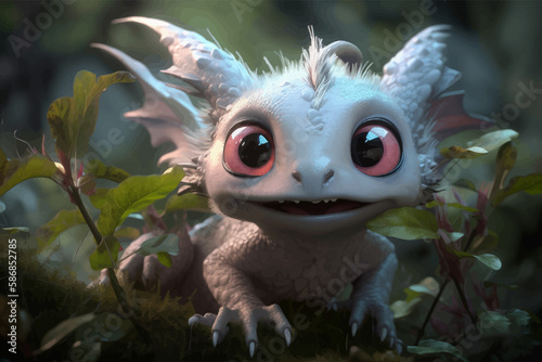 Super Cute Funny Small White baby dragon with big eyes and smile in the forest. Plaintive look. Fantasy monster. 3D vector illustration. Image. Digital painting.