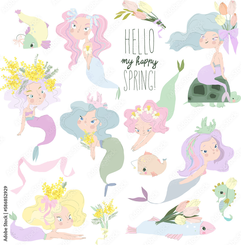 Vector Cartoon Set with Cute Mermaids and Spring Flowers