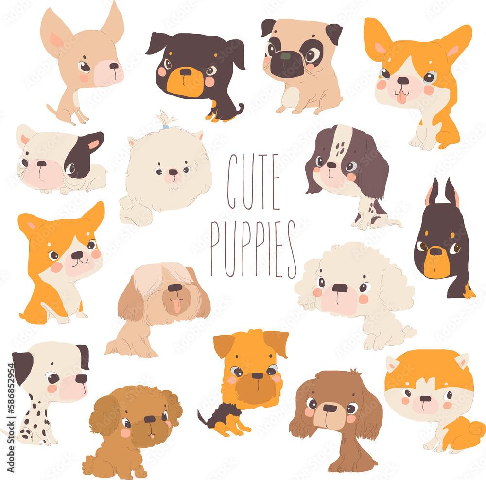 Fototapeta premium Vector Cartoon Set with Funny Puppies on White Background