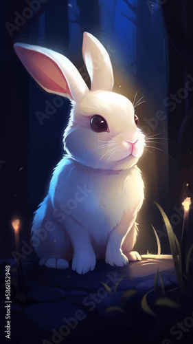 Cute Small White rabbit with on a dark background. The glow of the moon.   artoon bunny. 3D vector illustration. Image. Digital painting.