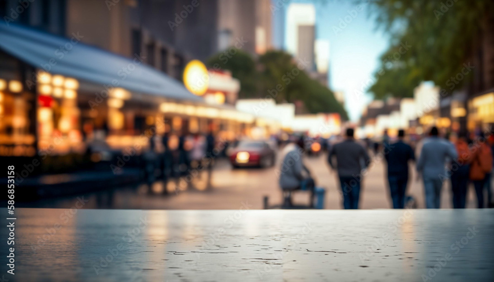 An empty wooden table with a street and people in the background. Ideal for product presentation. Mockup. Space for text. 