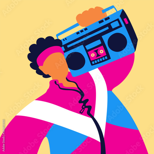 Teenager in a tracksuit standing with a tape recorder on his shoulder, cartoon character design. Colorful flat vector illustration in retro 80s style