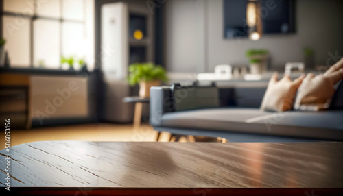 An empty wooden table in the background shows a flat or living room. Ideal for product presentation. Mockup. Space for text.