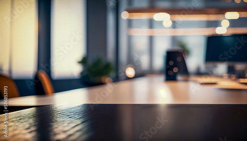 An empty wooden table in the background is office. Ideal for product presentation. Mockup. Space for text. 