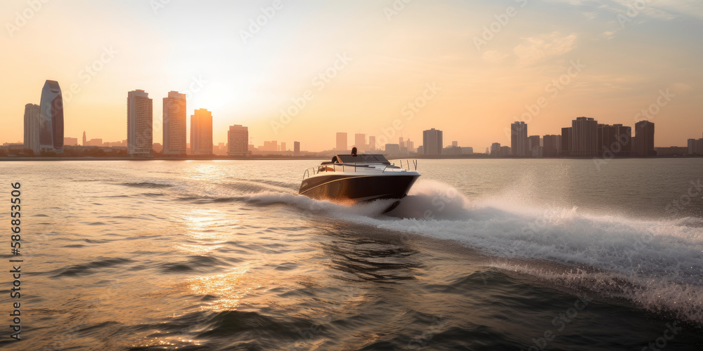 Modern fast boat sailing in bay with a city at sunrise as background. Generative AI