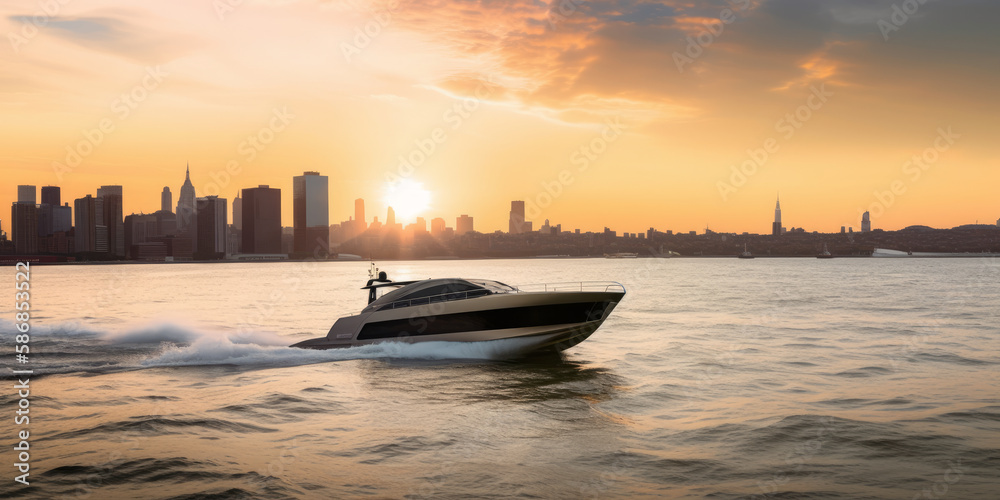 Naklejka premium Modern fast boat sailing in bay with a city at sunset as background. Generative AI