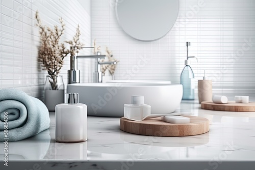 modern white bathroom with elegant marble countertop and sink. Generative AI
