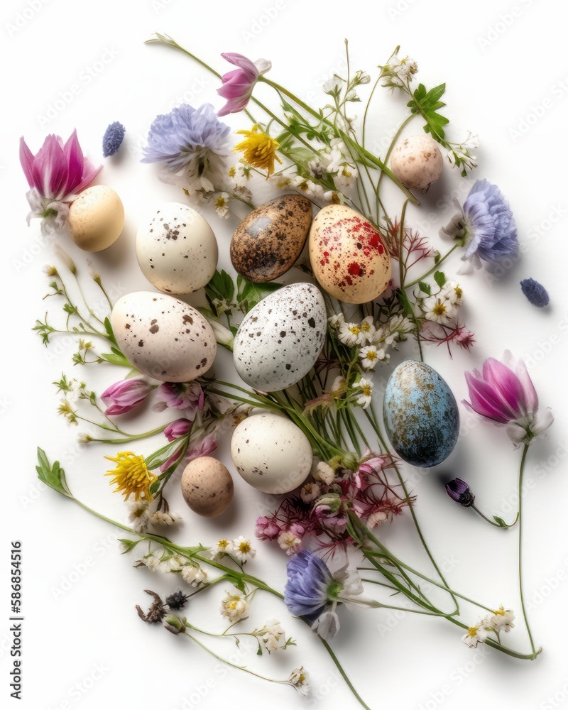 Obraz premium Easter composition of Easter quail eggs, flowers, paper blank over white background. Spring holidays concept with copy space. Overhead shot