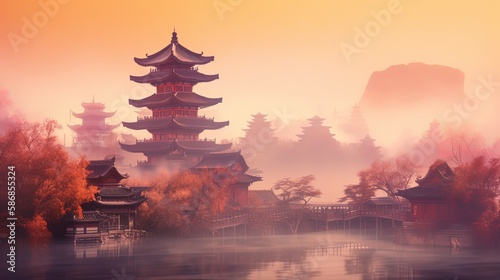 beautiful scenery in morning time of Asian ancient palace in spring time with cherry blossom tree and mountain as background Generative Ai