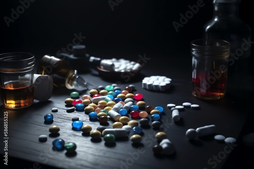 Drugs and pills on the dark table. Drugs illegal. Drug addiction concept. Drug abuse. Generative AI