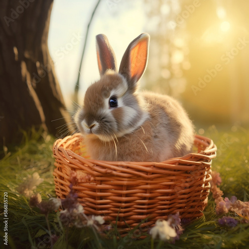 adorable fluffy little bunny in a basket against a spring background with Easter eggs, easter card