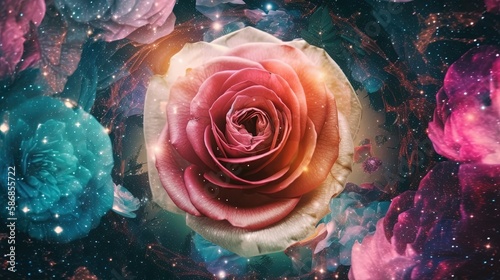 euphoria dreamy aura atmosphere, collage illustration style of a galaxy rose blossoming with glitter glow light , Generative Ai