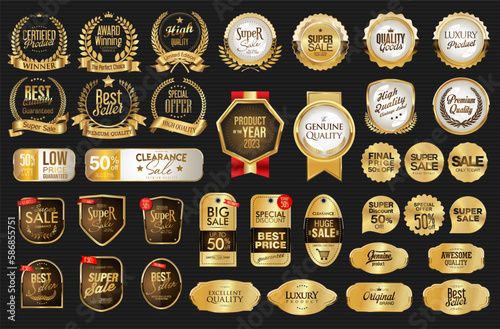 Golden retro sale laurel wreaths badges and labels vector collection