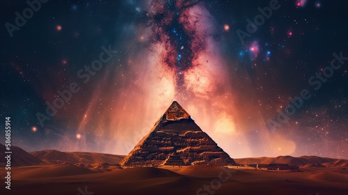 euphoria dreamy aura atmosphere, collage illustration style of big pyramid under galaxy night sky, Generative Ai