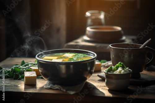 Close up homemade miso soup in a black bowl, generative AI.