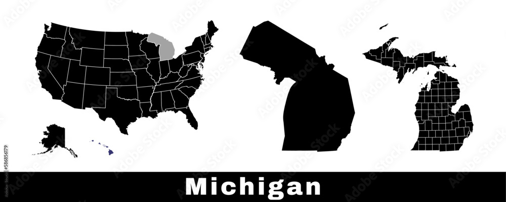 Michigan state map, USA. Set of Michigan maps with outline border, counties and US states map. Black and white color. - obrazy, fototapety, plakaty 