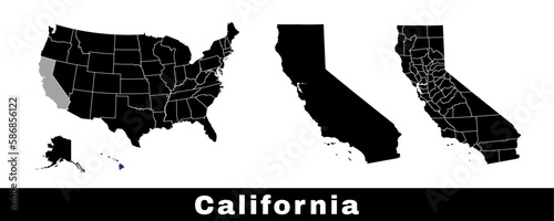 Map of California state, USA. Set of California maps with outline border, counties and US states map. Black and white color.