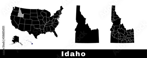 Map of Idaho state, USA. Set of Idaho maps with outline border, counties and US states map. Black and white color.