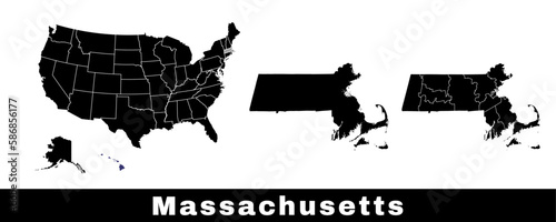 Massachusetts state map, USA. Set of Massachusetts maps with outline border, counties and US states map. Black and white color.