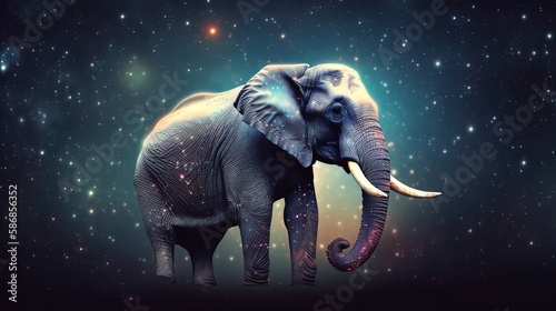 euphoria dreamy aura atmosphere, collage illustration style of an elephant under star night, Generative Ai