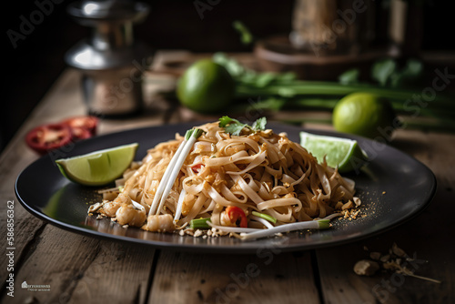 Close up photographic Thailand favorites food Pat Thai in black dish, generative AI
