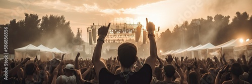 Crowd of people on a music festival back view. Generative AI