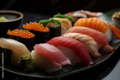 Close-up finest of Kanimiso, sushi, Japanese food. Ai generated.