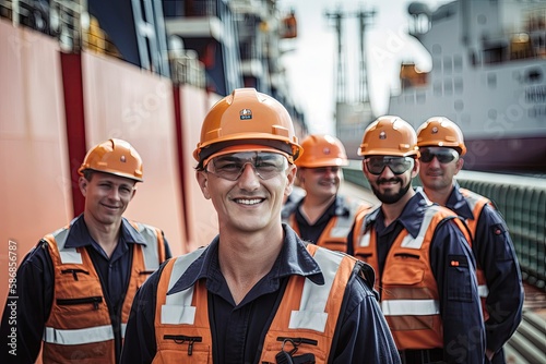 This photo showcases several men in overalls and helmets standing in front of a large container ship in a port. Genetrative AI
