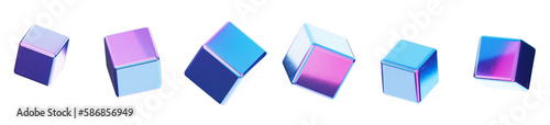 Set of pink and blue futuristic metallic 3D cubes, transparent background