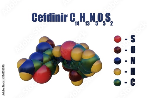Structural chemical formula and space-filling molecular model of cefdinir, a cephalosporin antibiotic. 3d illustration photo