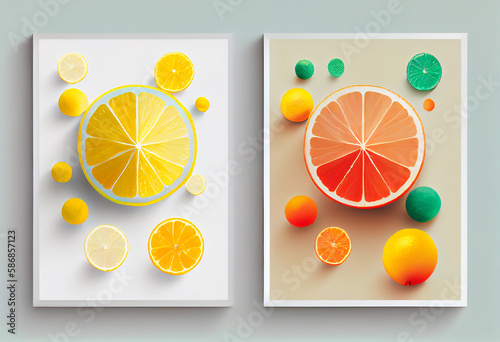 Geometric citrus fruit in a colorful and minimalist layout, generative art
