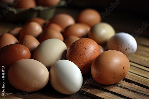 stack of fresh eggs displayed on a rustic wooden surface. Generative AI