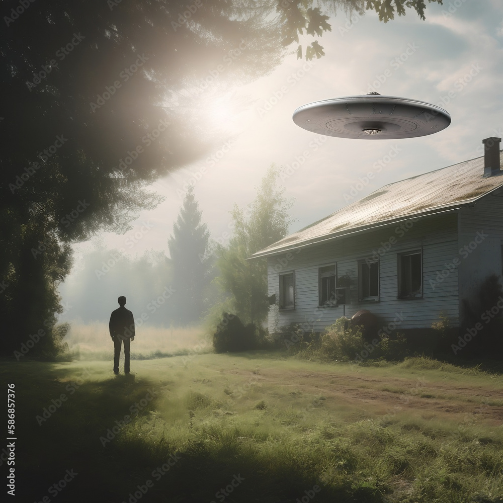 Alien abduction concept. Young man is abducted by UFO. Generative AI